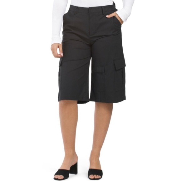 NWT Reveriee Linen Blend Cargo Shorts Long Black Designer Modern Retro Bermuda - Picture 1 of 14
